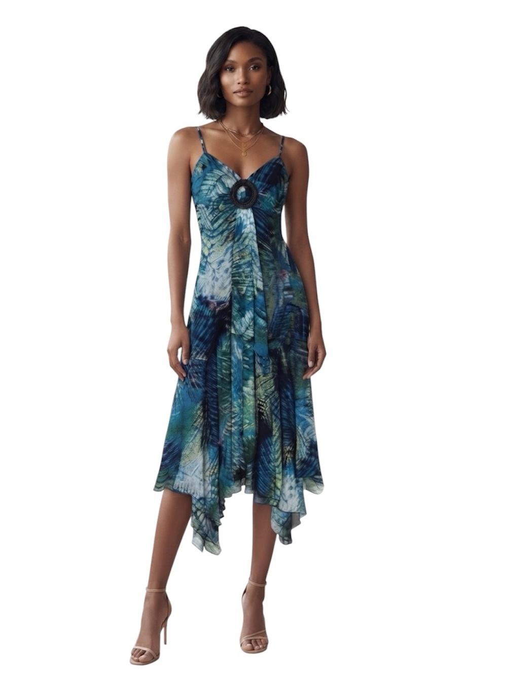 NWT Laura Petites Blue & Green Watercolor Handkerchief Hem Dress – Size 8